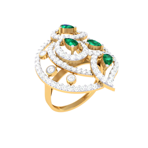 Exquisito Anillo de Cóctel de Oro con Diamantes y Gema Verde en Forma de Lágrima, Diseño Único de Múltiples Capas en Espiral para Novia - Product Image 2