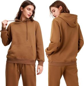 Ensemble survêtement décontracté en coton respirant à capuche marron avec demi-fermeture éclair et pantalon de jogging couleur unie - Product Image 3