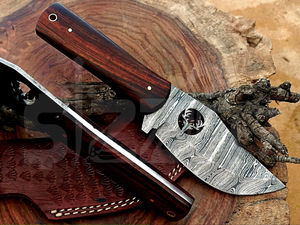 Cuchillo de caza OEM Wirecut de acero de Damasco, cuchillo Skinner con mango de madera, hoja fija para camping, cuchillo EDC para exteriores con funda de cuero - Product Image 5