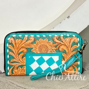 Monedero de cuero genuino con diseño de girasoles a cuadros, hecho a mano, con cremallera, para uso diario de mujer, ¡muy vendido! - Product Image 1