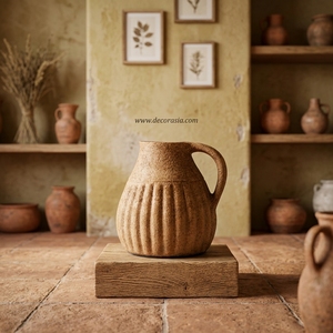 Pichet en terre cuite rustique brun Linea Jug S, ciselé, fait main, en céramique décorative, urne de table, vente en gros - Product Image 6