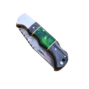 Cuchillo de caza con patrón de Damasco, mango de madera azul verdosa, hoja fija plateada y funda de cuero negro para camping y senderismo al aire libre - Product Image 1
