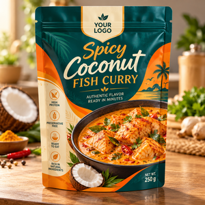 Your Logo Spicy Coconut Fish Curry 250g Ready to Eat High Protein Preservative Free Food Grade Stand Resealable Zipper Top Pouch - Product Image 1
