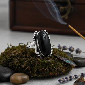 Anillo de Ónix Negro Intenso con Corte Cojín, Chapado en Plata, Hecho a Mano, Estilo Bohemio, Geométrico, para Mujer, Sin Níquel - Product Image 1
