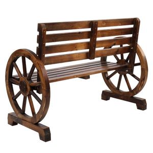 Rustic 2-Person Brown Wooden Wagon Wheel Bench with Slatted Seat and <b>Backrest</b> for Patio Use - Product Image 6
