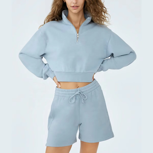 Ensemble 2 pièces pour femmes, short et haut court en polaire avec fermeture éclair, col montant, coupe ample, couleur unie, décontracté, pour le printemps et l'été - Product Image 3