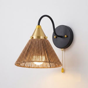 Modern Handwoven Rattan Wall Lamp For Living Room Bedroom Decor Boho Style Natural Wicker Wall <b>Sconce</b> With Black Metal Base - Product Image 2