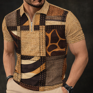 Men s Zip Polo <b>Shirt</b> Summer Lightweight Breathable Mesh <b>Patchwork</b> Short Sleeve Casual Lapel T-<b>shirt</b> Trendy Geometric Print Half - Product Image 1