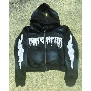 OEM Custom Men's Vintage Hooded French Terry Oversized Heavy Cotton Rhinestone Distressed Sun Faded Acid Wash Zip Up <b>Hoodie</b> - Product Image 2