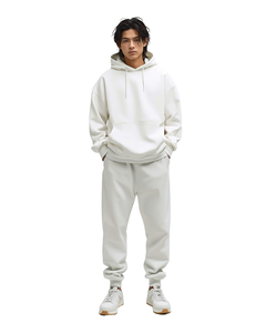 Conjunto Deportivo para Hombre, Blanco, con Capucha, Manga Larga, Color Sólido, Corte Holgado, Sudadera y Pantalones, 100% Algodón, Transpirable, para Otoño - Product Image 1