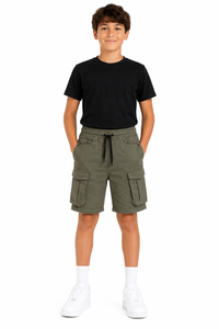 Pantalones Cortos Cargo Verde Oliva para Niños, Pantalones Casuales de Verano, Mezcla de Algodón de Primera Calidad, Diseño Utilitario con Múltiples Bolsillos y Cordón Ajustable - Product Image 1