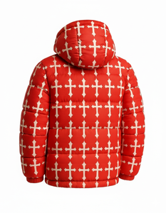 Chaqueta acolchada con capucha y estampado de Cruz Roja para hombre, abrigo de burbujas cálido de invierno, ropa de calle de moda, prendas de abrigo personalizadas al por mayor - Product Image 4