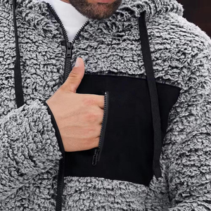 Sudadera con Capucha Sherpa Gris para Hombre, Chaqueta de Forro Polar, Cortavientos, Sudadera con Capucha para Invierno, Corte Regular, Color Sólido, Diseño de Punto, Sudaderas Sherpa - Product Image 4