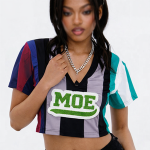 Camiseta Corta de Fútbol Americano a Rayas para Mujer, con Parche de Chenilla, Manga Corta, Poliéster, Ropa Urbana, Fabricación OEM - Product Image 1
