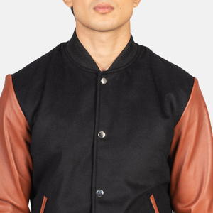 Classic Stand Collar <b>Canvas</b> Crew Neck Varsity Winter Jacket with <b>Plain</b> Black Wool Sleeves and Cartoon Pattern - Product Image 3