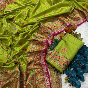 Sari en pashmina de qualité supérieure avec broderie contrastante et bordure à motifs, accompagné d'un chemisier assorti non cousu par Royal Export - Product Image 1