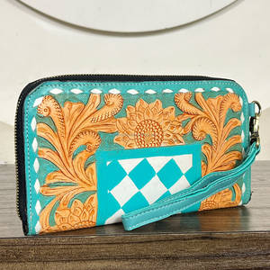 Hot Selling Checkered With SunFlower Design Genuine Hand Tooled Leather <b>Zipper</b> Pattern Purse For Women's Everyday Use <b>Wallet</b> - Product Image 3