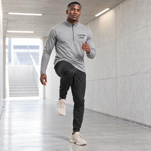 Men's Quarter <b>Zip</b> Long Sleeve Top Polyester Interlock Breathable Training <b>Shirt</b> Custom Logo Warm up Training OEM Supplier - Product Image 4