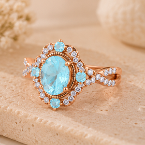 แหวนเงินแท้ 925 ชุบทองคำสีกุหลาบ ประดับพลอยอะความารีนและเพชร CZ ทรงรัศมี ดีไซน์วินเทจลายดอกไม้ แหวนหมั้นแบบก้านแหวนแยกสำหรับผู้หญิง - Product Image 3