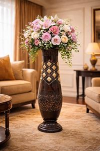 Jarrón de Flores de Madera Hecho a Mano Estilo Rústico, Jarrón de Mesa Moderno con Detalles en Marrón y Dorado para Sala de Estar, Decoración Navideña - Product Image 3