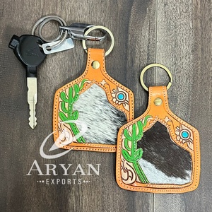 2026 Bulk Purchase Tooled Leather Cowhide Keychain Cactus Western Key Fob Rustic Floral Car Key Holder Gift for <b>Women</b> Men - Product Image 1