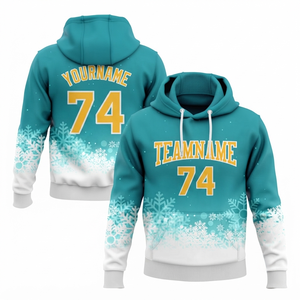 Sweat-shirt décontracté d'hiver pour homme, couleur turquoise, avec motif flocon de neige, impression personnalisée du nom de l'équipe, poche avant et cordons de serrage blancs - Product Image 1