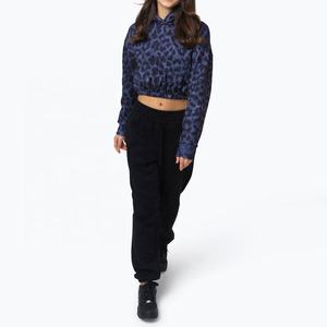 <b>Womens</b> <b>Blue</b> Leopard Print Cropped <b>Hoodie</b> Long Sleeve Pullover Sweatshirt Elastic Gathered Waistband Casual Athletic Hooded Shirt - Product Image 2