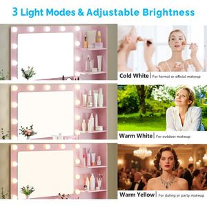 5-Drawer 2-Tiered Pink Particleboard Dressing Table Set Melamine Finish 11 Three-Tone Light Bulbs Power Strip Makeup Vanities - Product Image 2