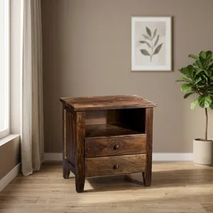 Table de chevet rustique en bois massif avec 2 tiroirs et étagère ouverte pour chambre à coucher ou salon - Product Image 6