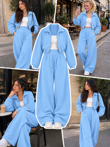 Conjunto Deportivo de Dos Piezas para Mujer, Azul Cielo y Rosa, Chaqueta Corta con Cierre, Pantalones Jogger de Cintura Alta y Pierna Ancha, Ropa Casual para Estar en Casa - Product Image 1