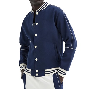 Men's Navy Blue Varsity Jacket With White Trim And <b>Button</b> Closure Preppy Style Regular Fit Autumn Wear - Product Image 1