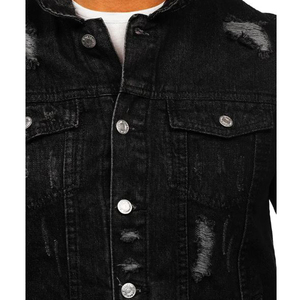 Veste en jean noire déchirée pour homme, coupe slim, couleur unie, boutonnée, décontractée, pour l'automne - Product Image 6