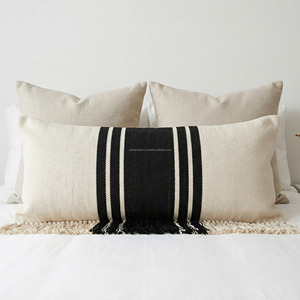 Black Striped Woven Pillow Sham 30x50 Decorative Fringed Pillow <b>Cover</b> Premium Cotton Durable Zipper Lumbar Woven Pillow Case - Product Image 2
