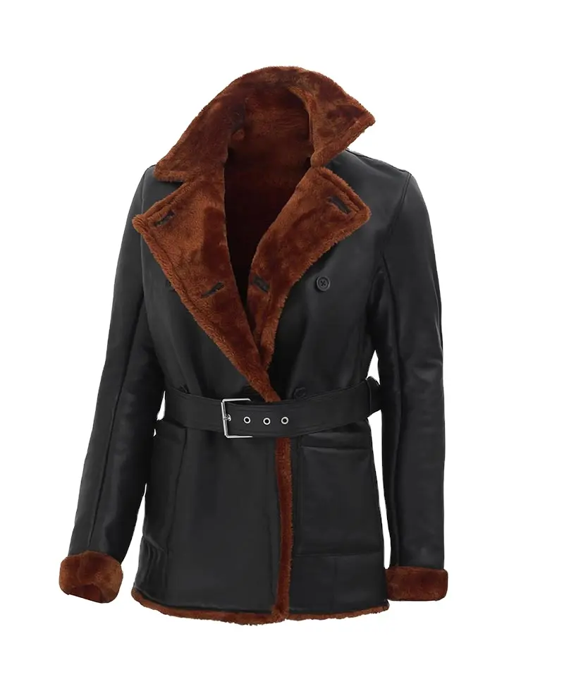 New arrival high quality long coat varsity with leather coat sleeve over sized woman leather jacket Fur Belt Coat