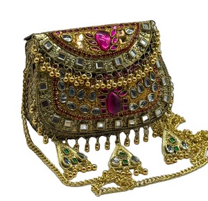 Fashion Women's Royal Emerald Kundan Embellished Bridal Clutch Hanging Latkan Tassels Rectangle Pearl Satin Magnetic Gifts - Product Image 1