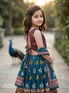 ชุดเลเฮนกาโชลีสำหรับเด็กผู้หญิง แฟชั่นสไตล์อินเดีย ชุดพื้นเมือง ผ้าเรยอน ยาวคลุมเท้า พิมพ์ลายดิจิทัล สำหรับงานเทศกาลและงานปาร์ตี้ - Product Image 3