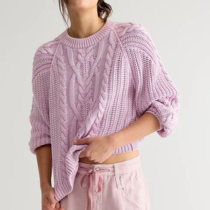Custom Style 100% Acrylic Women's Pink Cable Knit Crop Pullover Crew Neck Lantern Sleeve Hand Knitted Casual Sweater Autumn - Product Image 1