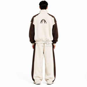 Top Demand Men's Off-<b>White</b> & Brown Sustainable Printed Tracksuit Full <b>Zip</b> Stand Collar Loose Fit Casual Wear With Side Pockets - Product Image 2