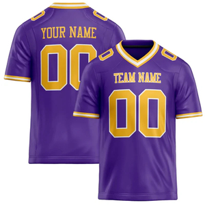 Maillot de football américain personnalisé violet et or, col en V, manches courtes, impression sublimée, polyester respirant, vêtements d'équipe pour hommes - Product Image 1