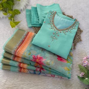 NUEVA LLEGADA BORDADO DE SEDA ROMANA TRABAJO A MANO INFERIOR SUPERIOR CON DUPATTA SKY - Product Image 1