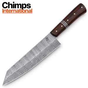 Cuchillo Nakiri de Acero Damasco Japonés Forjado a Mano con Mango de Madera, Acabado de Alto Brillo, Ambidiestro, Moderno, de Chimps International - Product Image 1