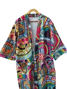 Bata Kimono de Algodón 100% Tejido con Estampado de Dibujos Animados para Mujer, Camisón de Verano Hecho a Mano, Cuello en V, Cintura Elástica, Largo Completo, ODM - Product Image 3