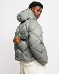 Unisex Premium Diamond Quilted Hooded Puffer Jacket with <b>Pet</b> <b>Carrier</b> Pocket | Oversized Winter Streetwear Coat | Sage Green - Product Image 2