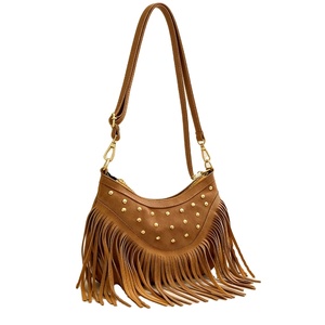 Premium Genuine Leather Fringe Handbag for Women – Vintage Boho Style Shoulder <b>Bag</b> with Tassels & <b>Studded</b> Detail - Product Image 1