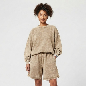 Wholesale Women Vintage Acid Wash Fleece Two Piece Shorts Set 100%Cotton Fleece Baggy <b>Drop</b> Shoulder Winter Wear Short Set Ladies - Product Image 1
