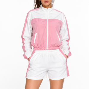 Ensemble sportif 2 pièces pour femme, rose et blanc, avec short et veste coupe-vent à manches longues et col montant, respirant, printemps-été - Product Image 1