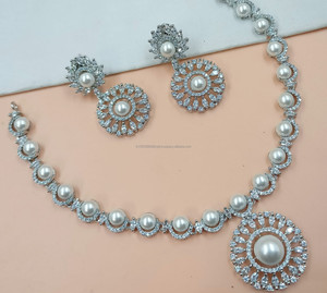 Classic Stylish Motipearl With American Diamond Flower Design <b>Silver</b> Gold Plated Single Layer <b>Jewlery</b> With Earring Necklace <b>Set</b> - Product Image 1