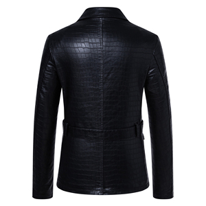 Men's Black Crocodile Embossed PU Leather Jacket With <b>Belt</b> Smart Casual <b>Slim</b> Fit Turn-down Collar Single Breasted - Product Image 2
