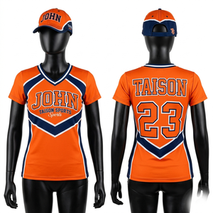 Maillot de cheerleading en polyester premium 280 GSM, orange et bleu marine, avec empiècements chevron, sublimation, logo d'équipe personnalisé - Product Image 1