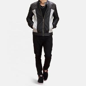 Chaqueta de motorista con tachuelas para hombre, chaqueta de moto de cuero de oveja negra de talla grande, chaqueta de cuero con pinchos de invierno con cuello levantado y cremallera - Product Image 4